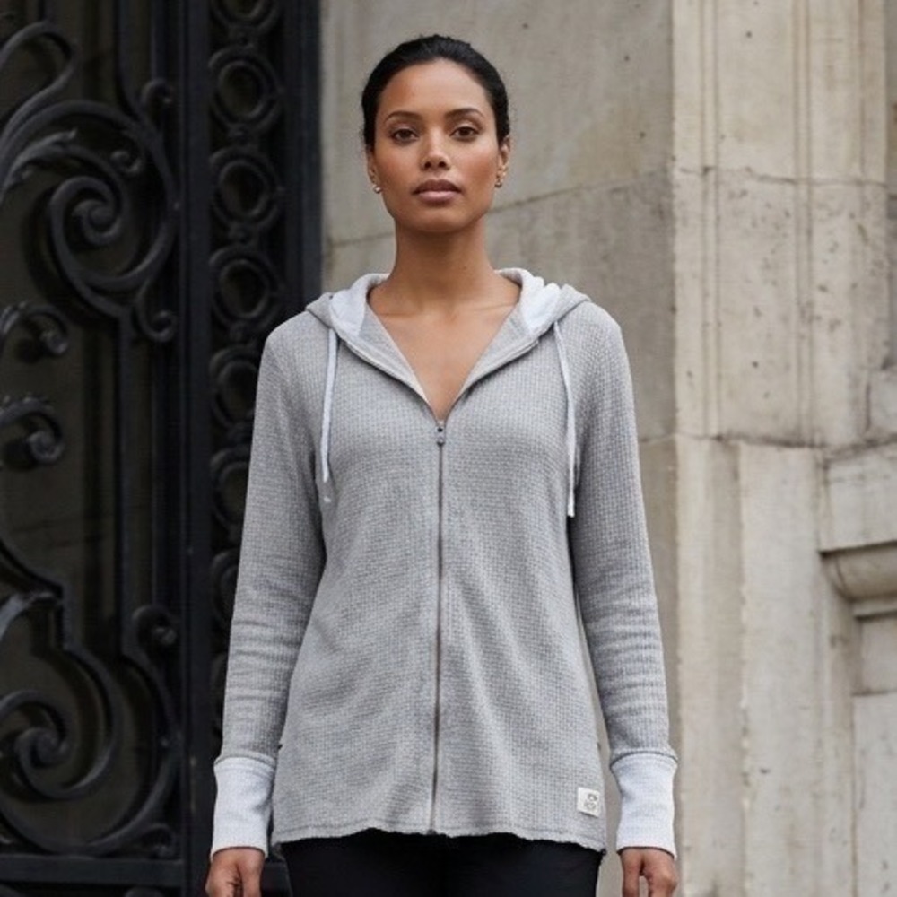 Frye and Co‎ Womens Gray Thermal Waffle Knit Zip Up Hoodie Sweatshirt Size M